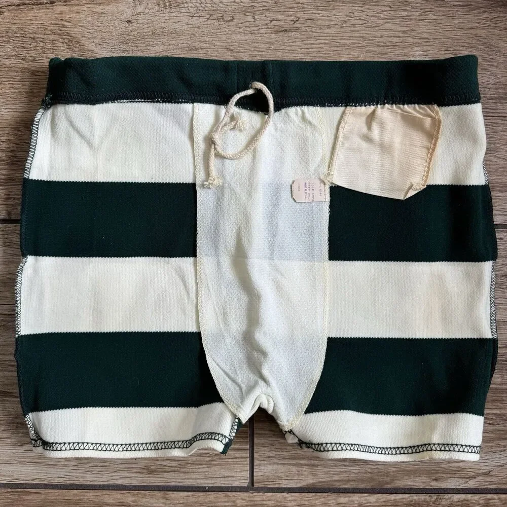 Vintage 60s Mens Square Swim Bathing Trunks Stripe Green White Large